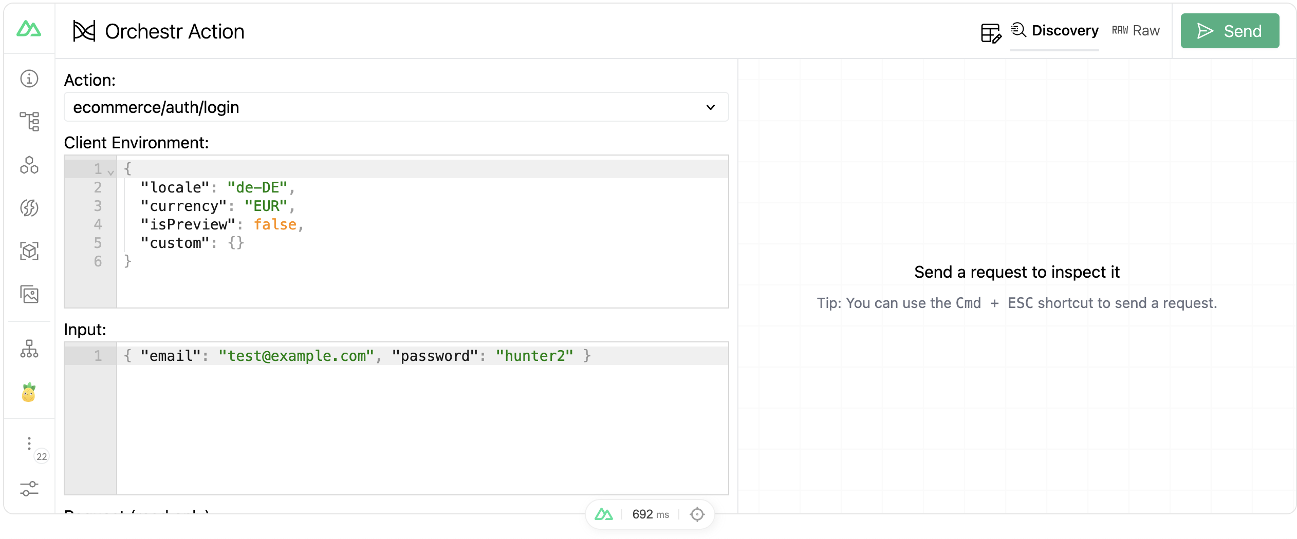 Orchestr Actions tab showing an action request form
