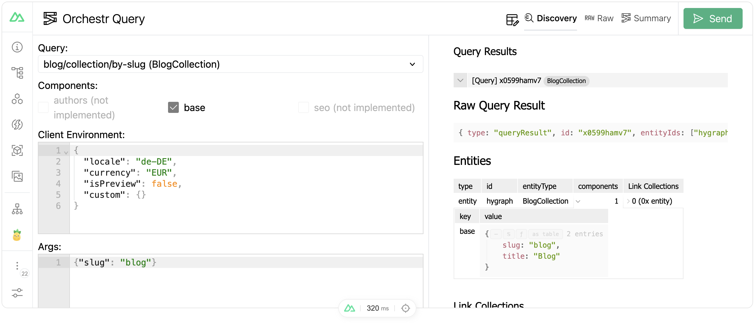 Orchestr Queries tab showing a query request and its response in Discovery view